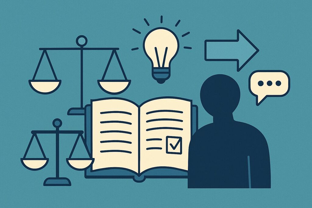 Illustration of scales, law book and person representing rights and legal resources
